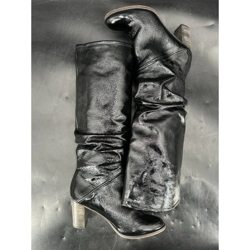 Free People Tennison Black Patent Leather Knee High Slouch Boots Sz EU 38 US 7.5